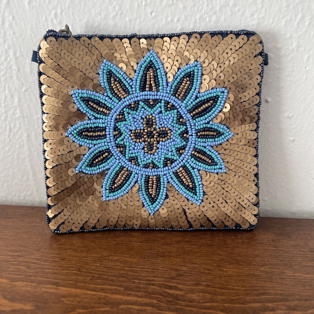 David Jeffery Blue/ gold‎ Beaded Evening Clutch Purse Mandala Sun Flower Sequins